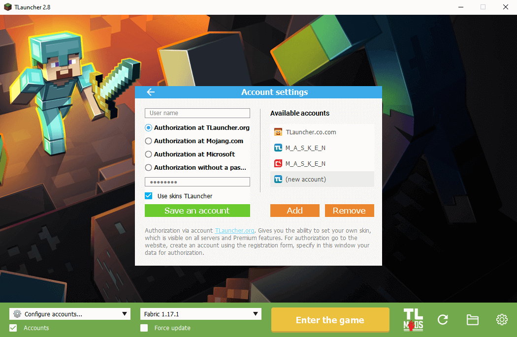 Accounts in TLauncher 2.8