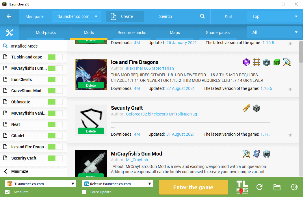Installed mods in TLauncher 2.8